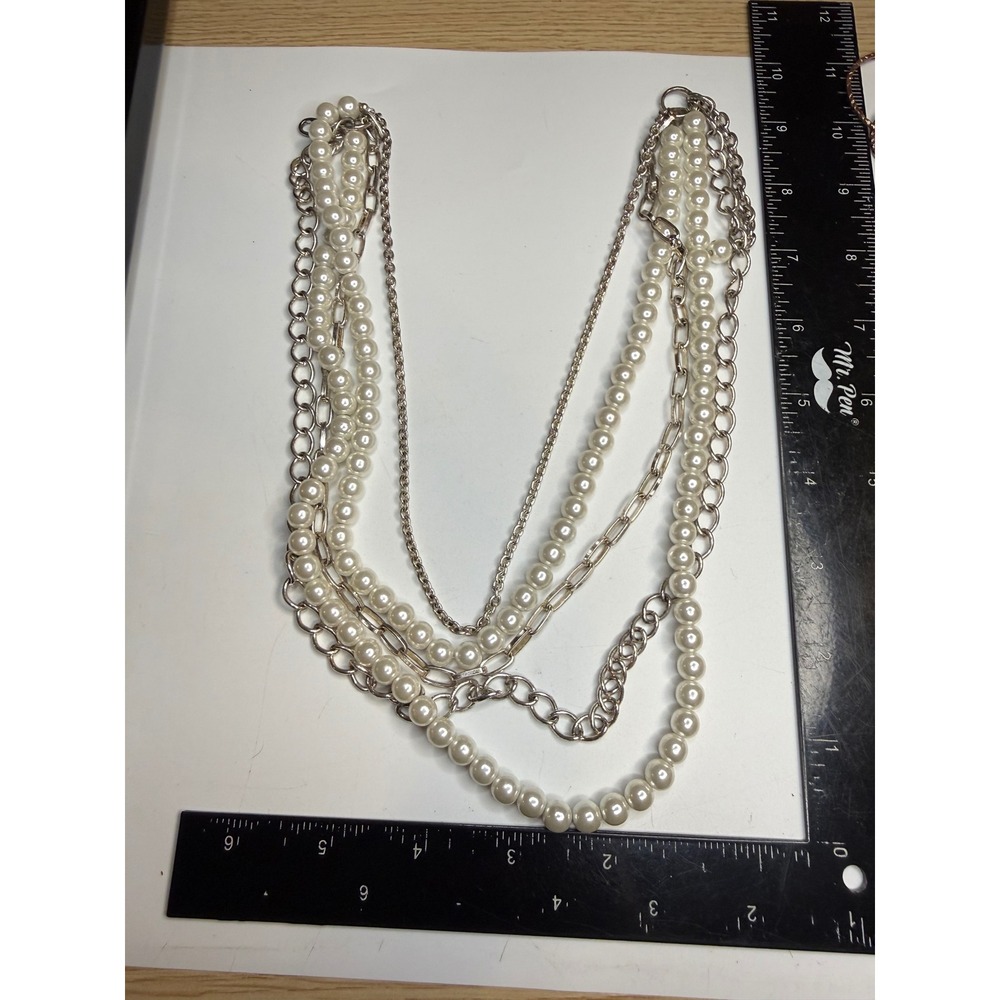 Silver Tone Multi Strand Faux Pearl Layered Statement Necklace Adjustable